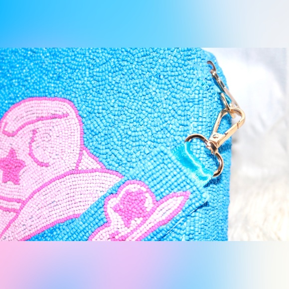 NEW BOUTIQUE HANDMADE BEADED CROSSBODY BAG PREPPY, BLUE COWBOY HAT, STAR DESIGN - Picture 7 of 11